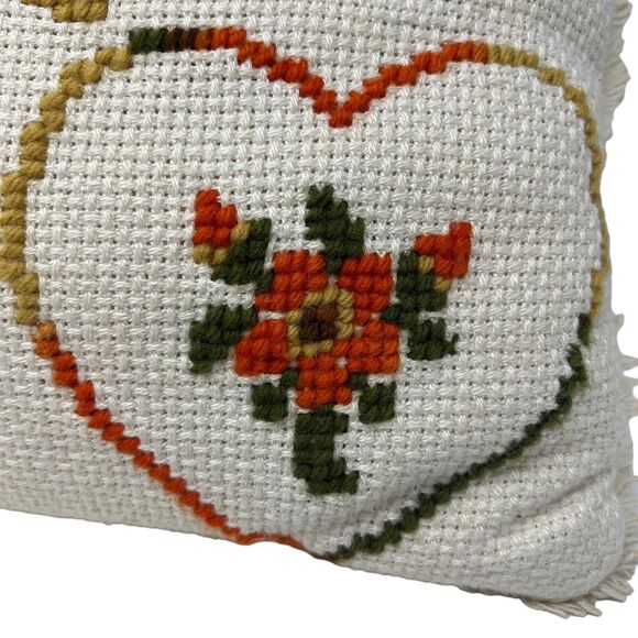 Vintage Cream‎ Pillow Cross-Stitch Love Orange Gold Green Heart Floral Fringe - Picture 3 of 4